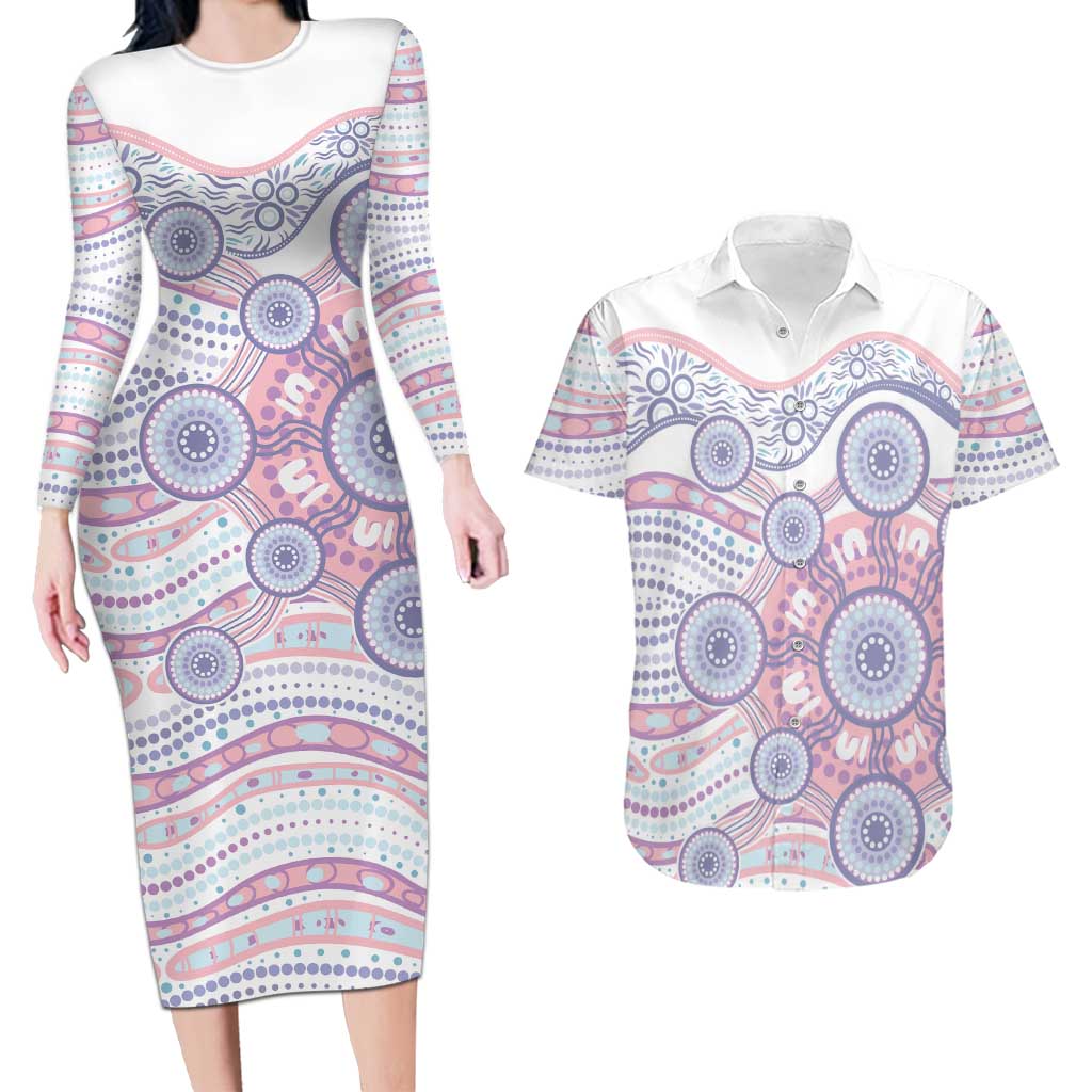 Australian Indigenous Aboriginal Art Couples Matching Long Sleeve Bodycon Dress and Hawaiian Shirt Vivid Pastel Peach Purple