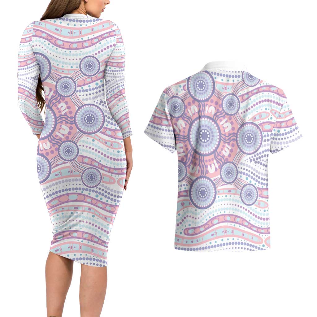 Australian Indigenous Aboriginal Art Couples Matching Long Sleeve Bodycon Dress and Hawaiian Shirt Vivid Pastel Peach Purple