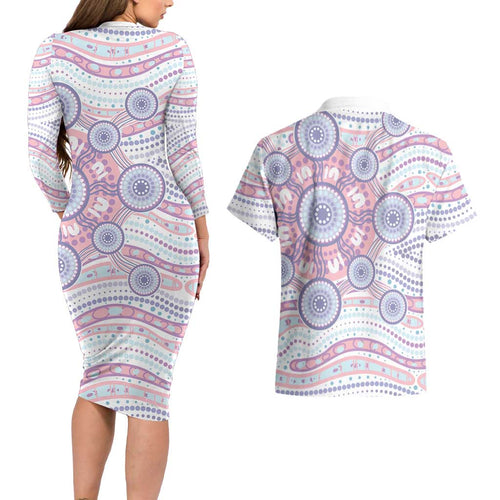 Australian Indigenous Aboriginal Art Couples Matching Long Sleeve Bodycon Dress and Hawaiian Shirt Vivid Pastel Peach Purple