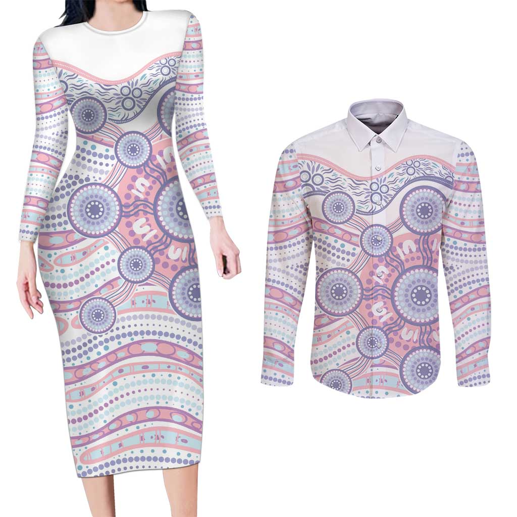Australian Indigenous Aboriginal Art Couples Matching Long Sleeve Bodycon Dress and Long Sleeve Button Shirt Vivid Pastel Peach Purple