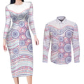 Australian Indigenous Aboriginal Art Couples Matching Long Sleeve Bodycon Dress and Long Sleeve Button Shirt Vivid Pastel Peach Purple