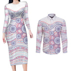 Australian Indigenous Aboriginal Art Couples Matching Long Sleeve Bodycon Dress and Long Sleeve Button Shirt Vivid Pastel Peach Purple