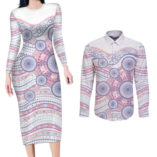 Australian Indigenous Aboriginal Art Couples Matching Long Sleeve Bodycon Dress and Long Sleeve Button Shirt Vivid Pastel Peach Purple