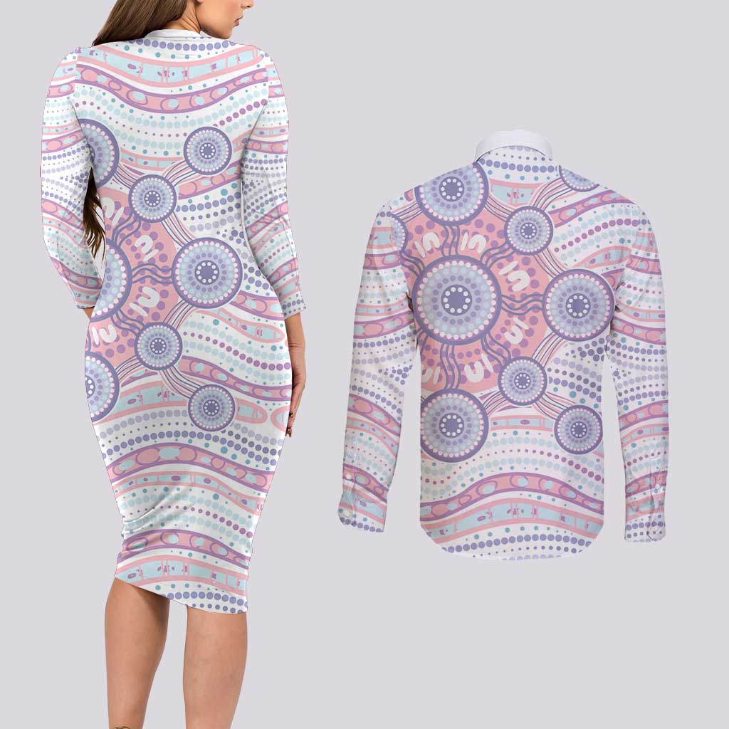 Australian Indigenous Aboriginal Art Couples Matching Long Sleeve Bodycon Dress and Long Sleeve Button Shirt Vivid Pastel Peach Purple