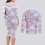 Australian Indigenous Aboriginal Art Couples Matching Long Sleeve Bodycon Dress and Long Sleeve Button Shirt Vivid Pastel Peach Purple