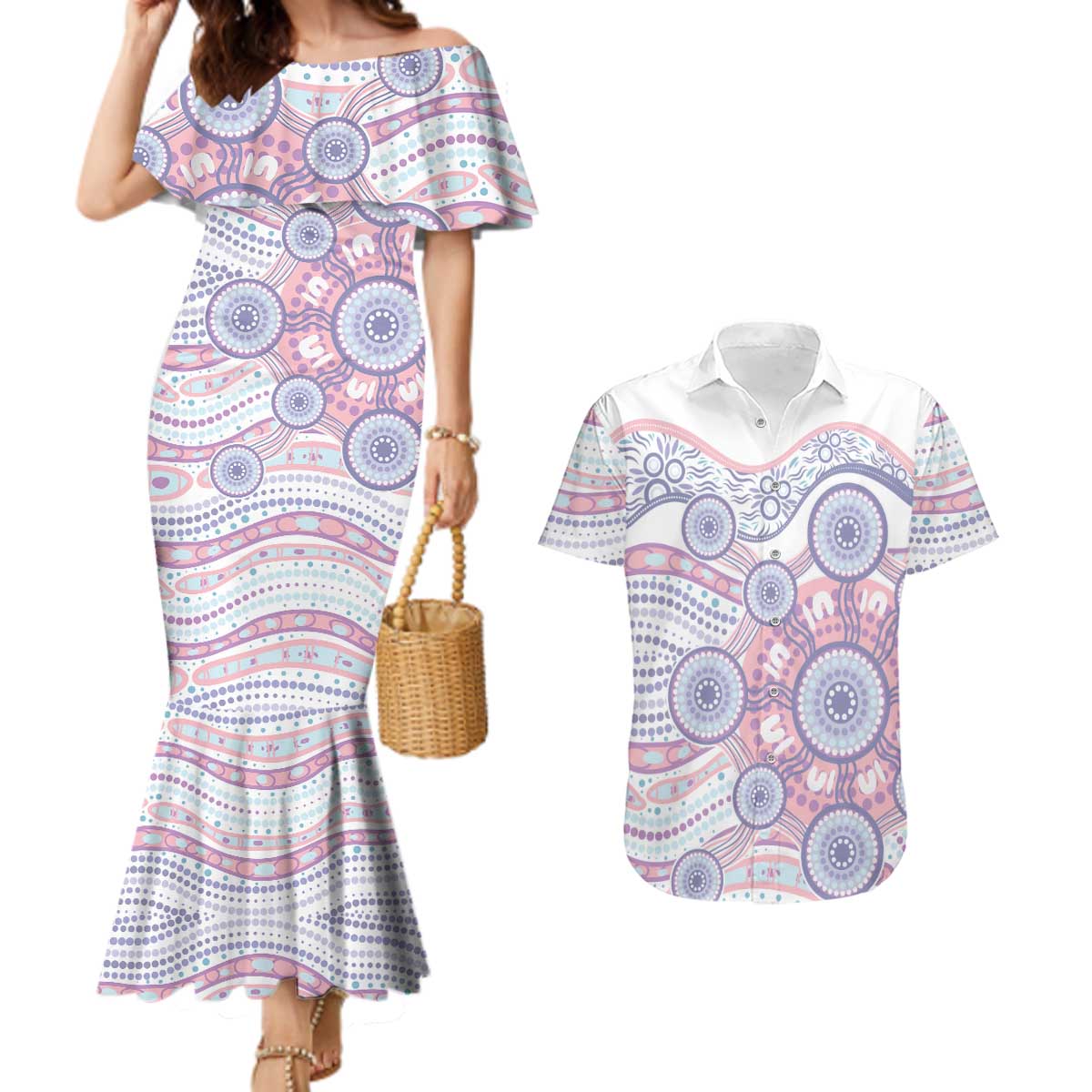 Australian Indigenous Aboriginal Art Couples Matching Mermaid Dress and Hawaiian Shirt Vivid Pastel Peach Purple