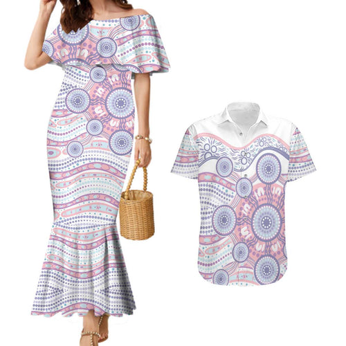 Australian Indigenous Aboriginal Art Couples Matching Mermaid Dress and Hawaiian Shirt Vivid Pastel Peach Purple