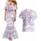 Australian Indigenous Aboriginal Art Couples Matching Mermaid Dress and Hawaiian Shirt Vivid Pastel Peach Purple