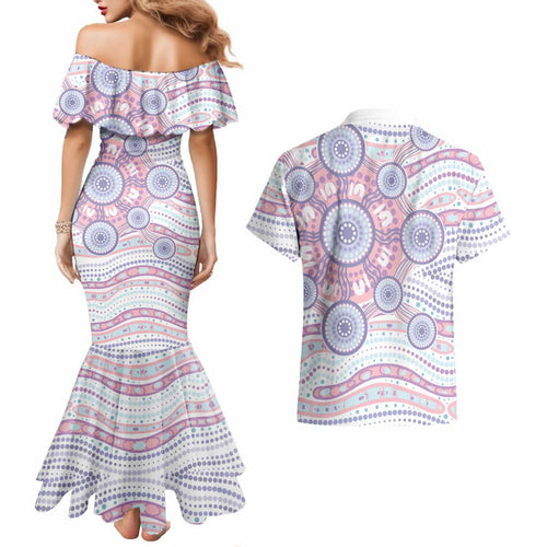 Australian Indigenous Aboriginal Art Couples Matching Mermaid Dress and Hawaiian Shirt Vivid Pastel Peach Purple