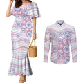 Australian Indigenous Aboriginal Art Couples Matching Mermaid Dress and Long Sleeve Button Shirt Vivid Pastel Peach Purple