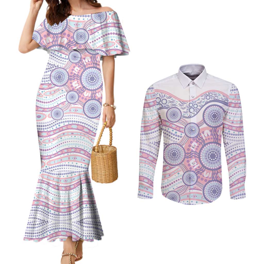Australian Indigenous Aboriginal Art Couples Matching Mermaid Dress and Long Sleeve Button Shirt Vivid Pastel Peach Purple