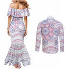 Australian Indigenous Aboriginal Art Couples Matching Mermaid Dress and Long Sleeve Button Shirt Vivid Pastel Peach Purple