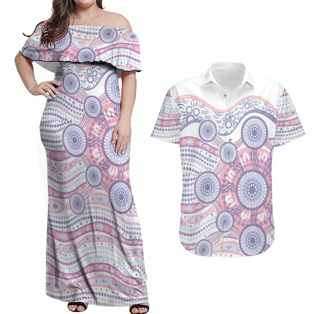 Australian Indigenous Aboriginal Art Couples Matching Off Shoulder Maxi Dress and Hawaiian Shirt Vivid Pastel Peach Purple