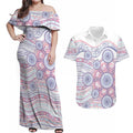 Australian Indigenous Aboriginal Art Couples Matching Off Shoulder Maxi Dress and Hawaiian Shirt Vivid Pastel Peach Purple