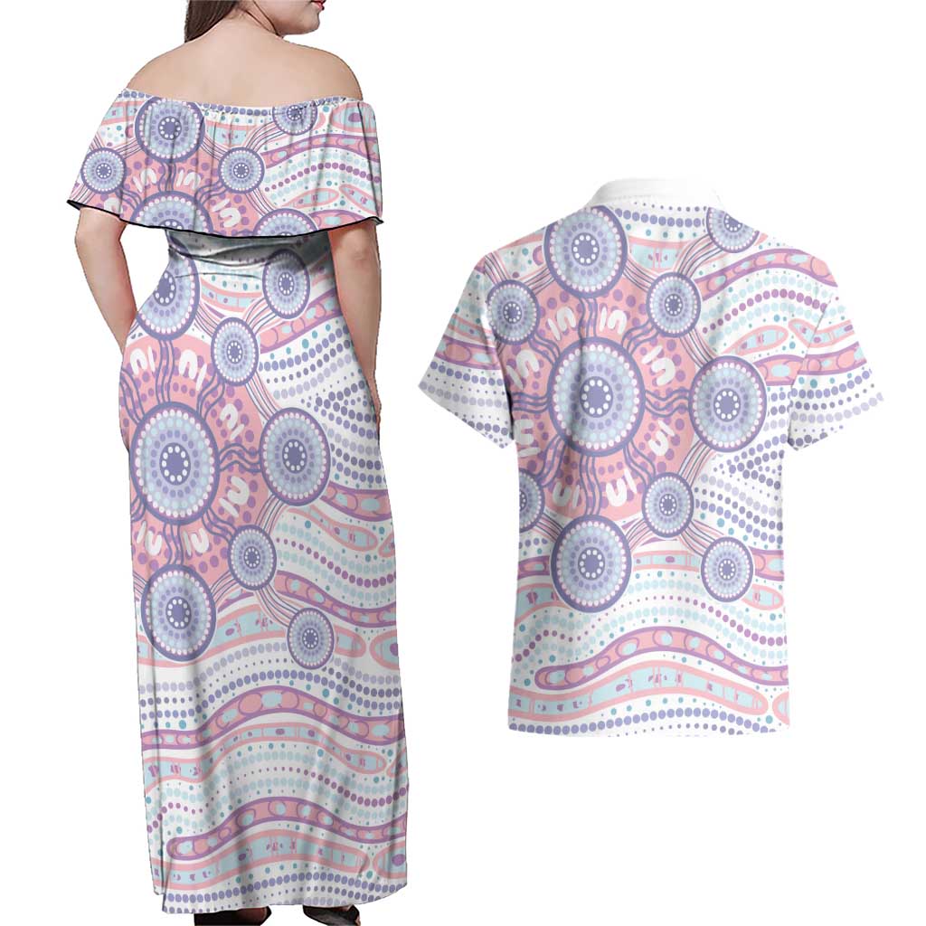 Australian Indigenous Aboriginal Art Couples Matching Off Shoulder Maxi Dress and Hawaiian Shirt Vivid Pastel Peach Purple