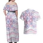 Australian Indigenous Aboriginal Art Couples Matching Off Shoulder Maxi Dress and Hawaiian Shirt Vivid Pastel Peach Purple