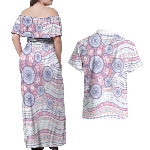 Australian Indigenous Aboriginal Art Couples Matching Off Shoulder Maxi Dress and Hawaiian Shirt Vivid Pastel Peach Purple