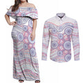Australian Indigenous Aboriginal Art Couples Matching Off Shoulder Maxi Dress and Long Sleeve Button Shirt Vivid Pastel Peach Purple