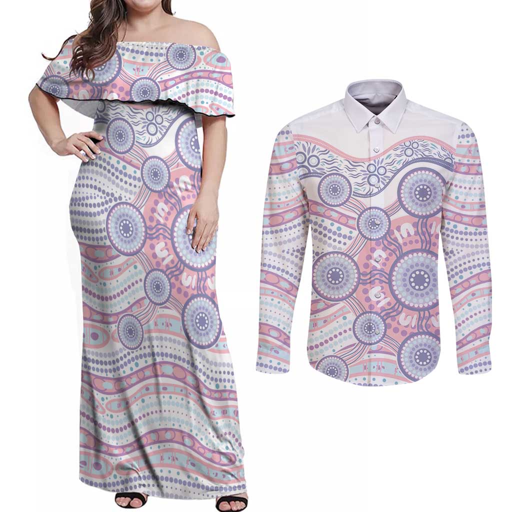 Australian Indigenous Aboriginal Art Couples Matching Off Shoulder Maxi Dress and Long Sleeve Button Shirt Vivid Pastel Peach Purple