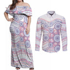 Australian Indigenous Aboriginal Art Couples Matching Off Shoulder Maxi Dress and Long Sleeve Button Shirt Vivid Pastel Peach Purple