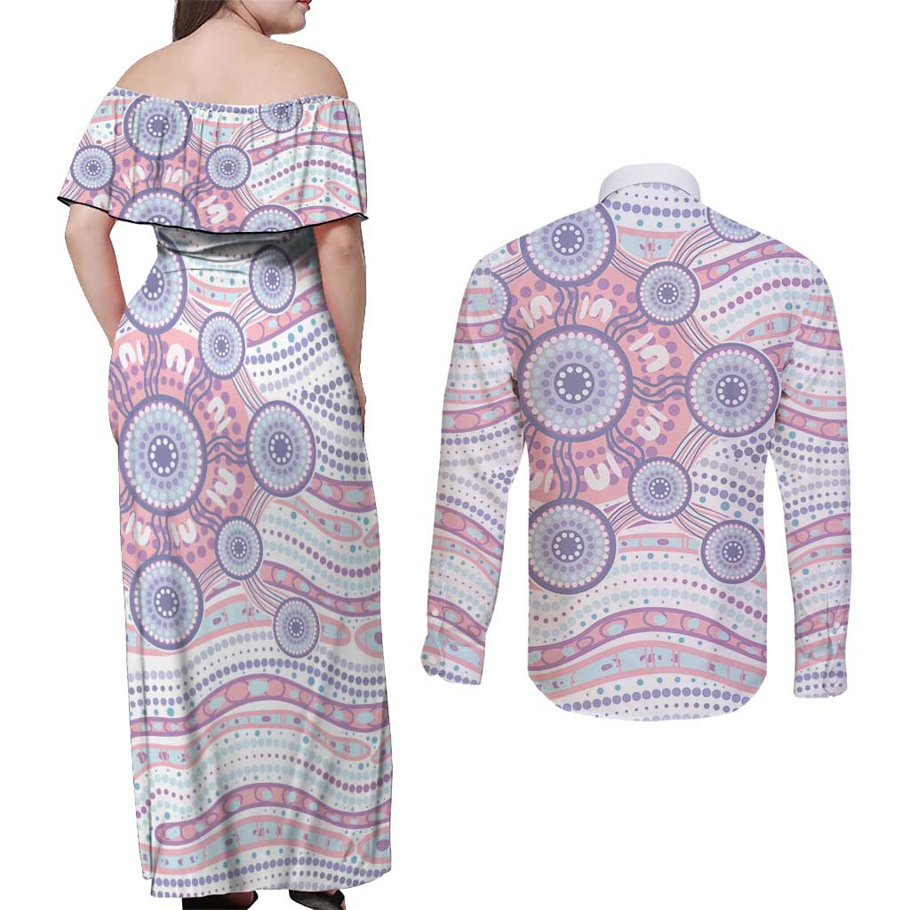 Australian Indigenous Aboriginal Art Couples Matching Off Shoulder Maxi Dress and Long Sleeve Button Shirt Vivid Pastel Peach Purple