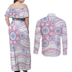 Australian Indigenous Aboriginal Art Couples Matching Off Shoulder Maxi Dress and Long Sleeve Button Shirt Vivid Pastel Peach Purple