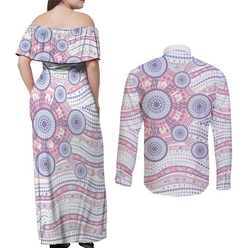 Australian Indigenous Aboriginal Art Couples Matching Off Shoulder Maxi Dress and Long Sleeve Button Shirt Vivid Pastel Peach Purple