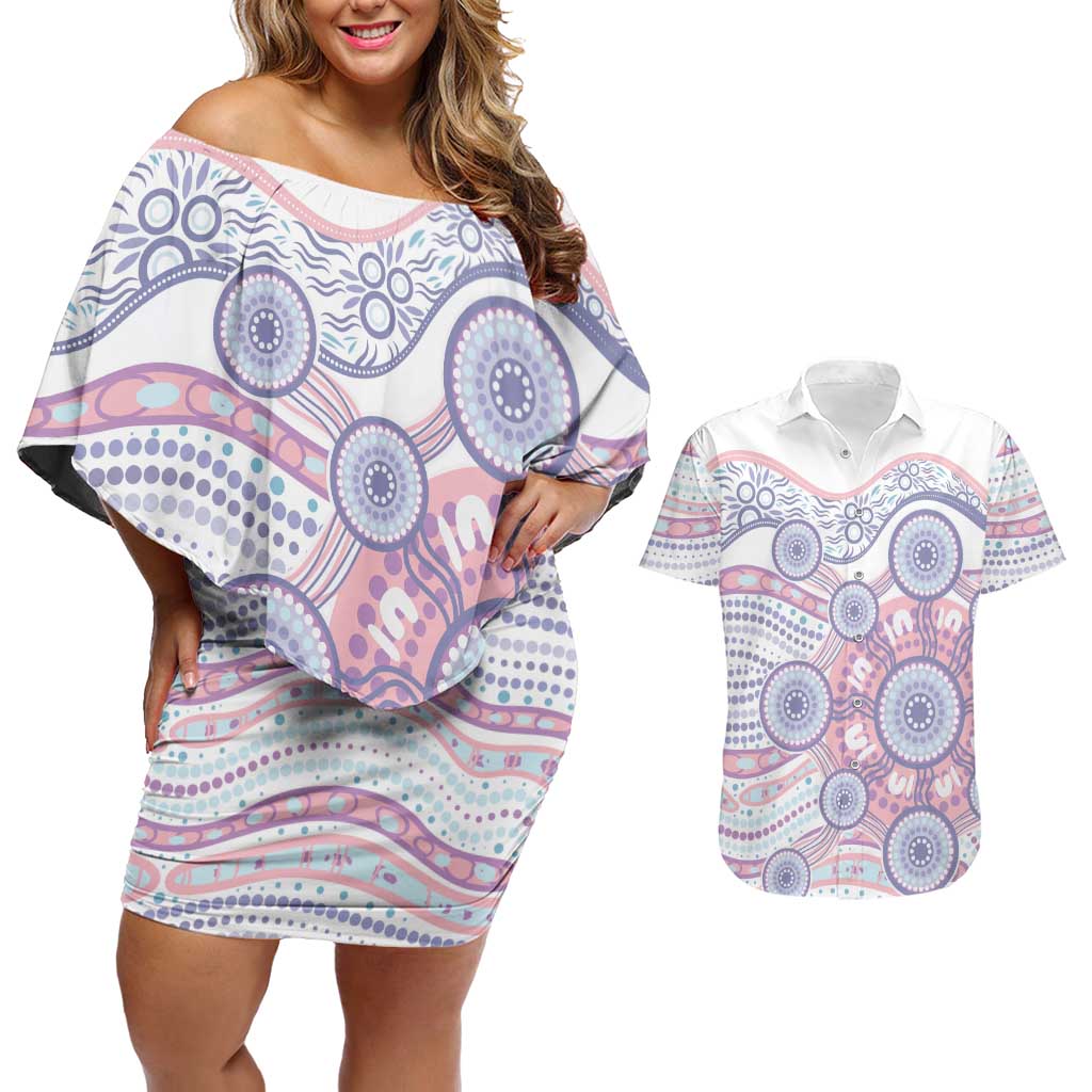 Australian Indigenous Aboriginal Art Couples Matching Off Shoulder Short Dress and Hawaiian Shirt Vivid Pastel Peach Purple
