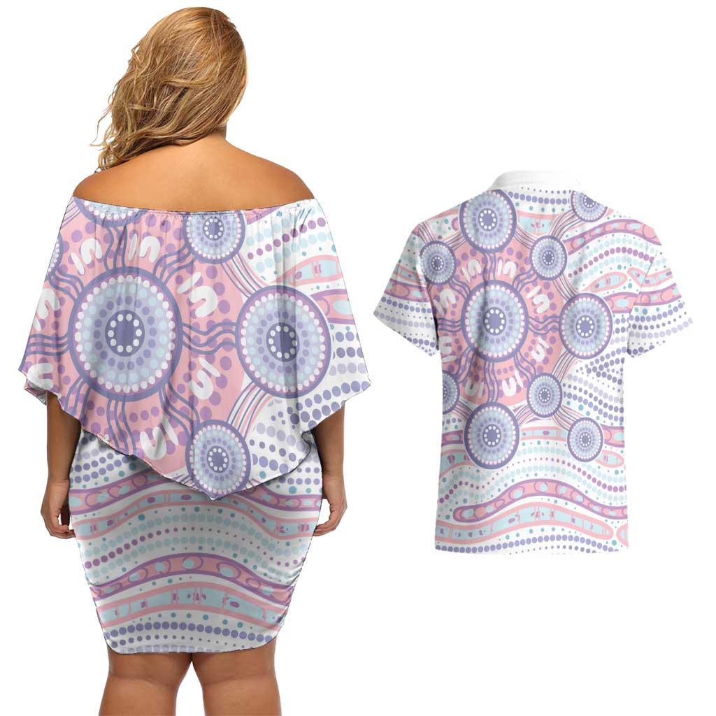 Australian Indigenous Aboriginal Art Couples Matching Off Shoulder Short Dress and Hawaiian Shirt Vivid Pastel Peach Purple