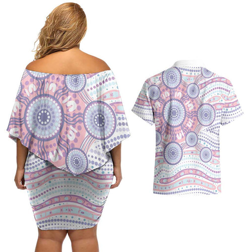 Australian Indigenous Aboriginal Art Couples Matching Off Shoulder Short Dress and Hawaiian Shirt Vivid Pastel Peach Purple