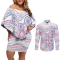 Australian Indigenous Aboriginal Art Couples Matching Off Shoulder Short Dress and Long Sleeve Button Shirt Vivid Pastel Peach Purple