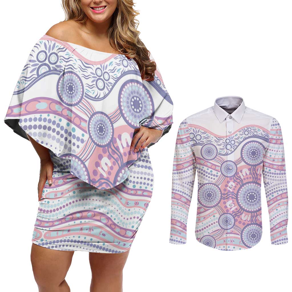 Australian Indigenous Aboriginal Art Couples Matching Off Shoulder Short Dress and Long Sleeve Button Shirt Vivid Pastel Peach Purple