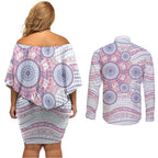 Australian Indigenous Aboriginal Art Couples Matching Off Shoulder Short Dress and Long Sleeve Button Shirt Vivid Pastel Peach Purple