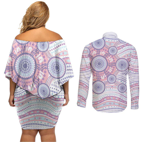 Australian Indigenous Aboriginal Art Couples Matching Off Shoulder Short Dress and Long Sleeve Button Shirt Vivid Pastel Peach Purple