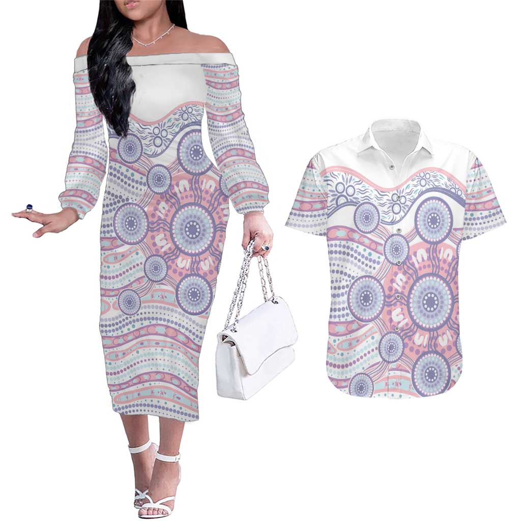 Australian Indigenous Aboriginal Art Couples Matching Off The Shoulder Long Sleeve Dress and Hawaiian Shirt Vivid Pastel Peach Purple