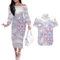 Australian Indigenous Aboriginal Art Couples Matching Off The Shoulder Long Sleeve Dress and Hawaiian Shirt Vivid Pastel Peach Purple