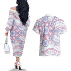 Australian Indigenous Aboriginal Art Couples Matching Off The Shoulder Long Sleeve Dress and Hawaiian Shirt Vivid Pastel Peach Purple