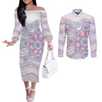 Australian Indigenous Aboriginal Art Couples Matching Off The Shoulder Long Sleeve Dress and Long Sleeve Button Shirt Vivid Pastel Peach Purple