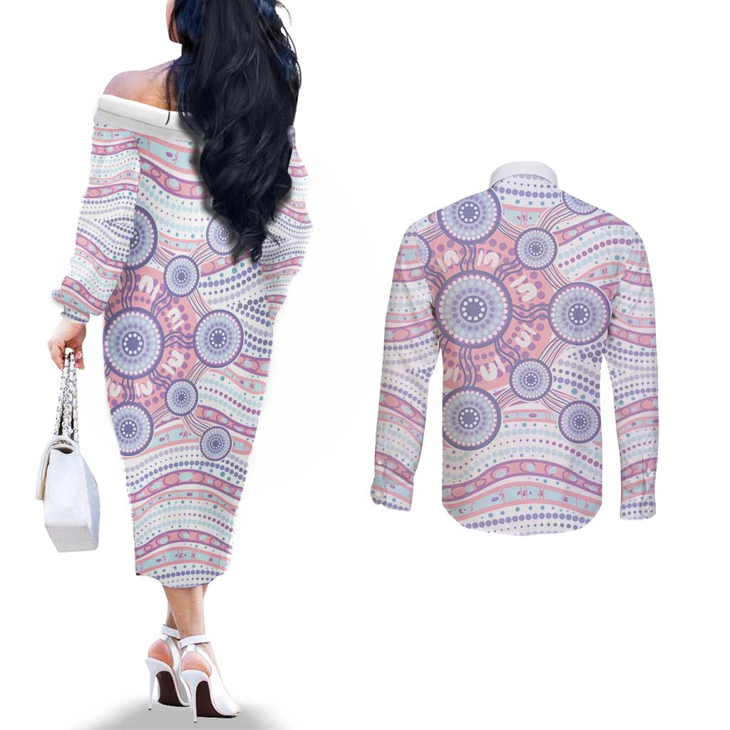 Australian Indigenous Aboriginal Art Couples Matching Off The Shoulder Long Sleeve Dress and Long Sleeve Button Shirt Vivid Pastel Peach Purple