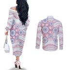 Australian Indigenous Aboriginal Art Couples Matching Off The Shoulder Long Sleeve Dress and Long Sleeve Button Shirt Vivid Pastel Peach Purple