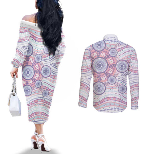 Australian Indigenous Aboriginal Art Couples Matching Off The Shoulder Long Sleeve Dress and Long Sleeve Button Shirt Vivid Pastel Peach Purple
