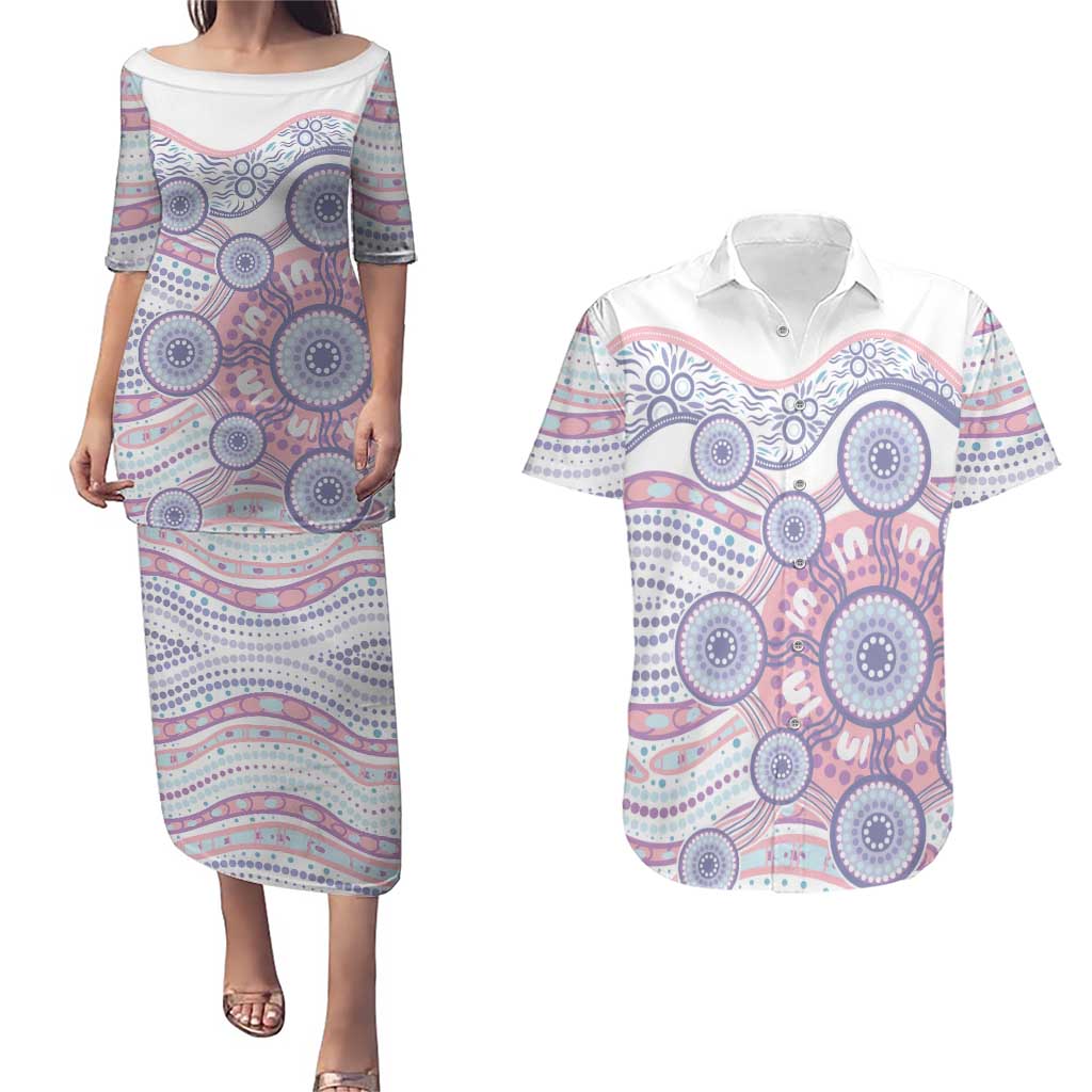 Australian Indigenous Aboriginal Art Couples Matching Puletasi and Hawaiian Shirt Vivid Pastel Peach Purple