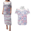 Australian Indigenous Aboriginal Art Couples Matching Puletasi and Hawaiian Shirt Vivid Pastel Peach Purple