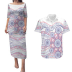 Australian Indigenous Aboriginal Art Couples Matching Puletasi and Hawaiian Shirt Vivid Pastel Peach Purple