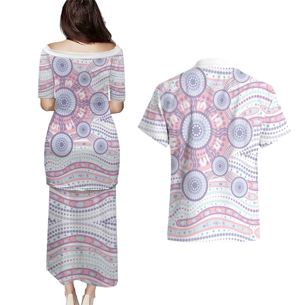 Australian Indigenous Aboriginal Art Couples Matching Puletasi and Hawaiian Shirt Vivid Pastel Peach Purple
