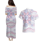 Australian Indigenous Aboriginal Art Couples Matching Puletasi and Hawaiian Shirt Vivid Pastel Peach Purple