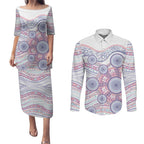 Australian Indigenous Aboriginal Art Couples Matching Puletasi and Long Sleeve Button Shirt Vivid Pastel Peach Purple