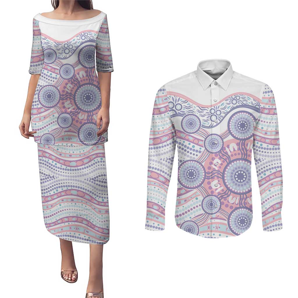 Australian Indigenous Aboriginal Art Couples Matching Puletasi and Long Sleeve Button Shirt Vivid Pastel Peach Purple