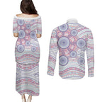Australian Indigenous Aboriginal Art Couples Matching Puletasi and Long Sleeve Button Shirt Vivid Pastel Peach Purple