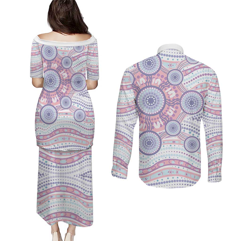 Australian Indigenous Aboriginal Art Couples Matching Puletasi and Long Sleeve Button Shirt Vivid Pastel Peach Purple